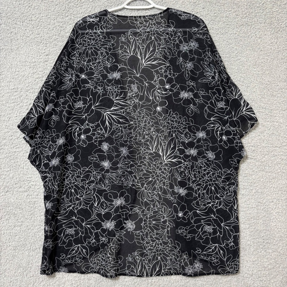 Lightweight Sheer Layering Kimono Floral Black White Open Front Flowing Top XXXL - Picture 7 of 10